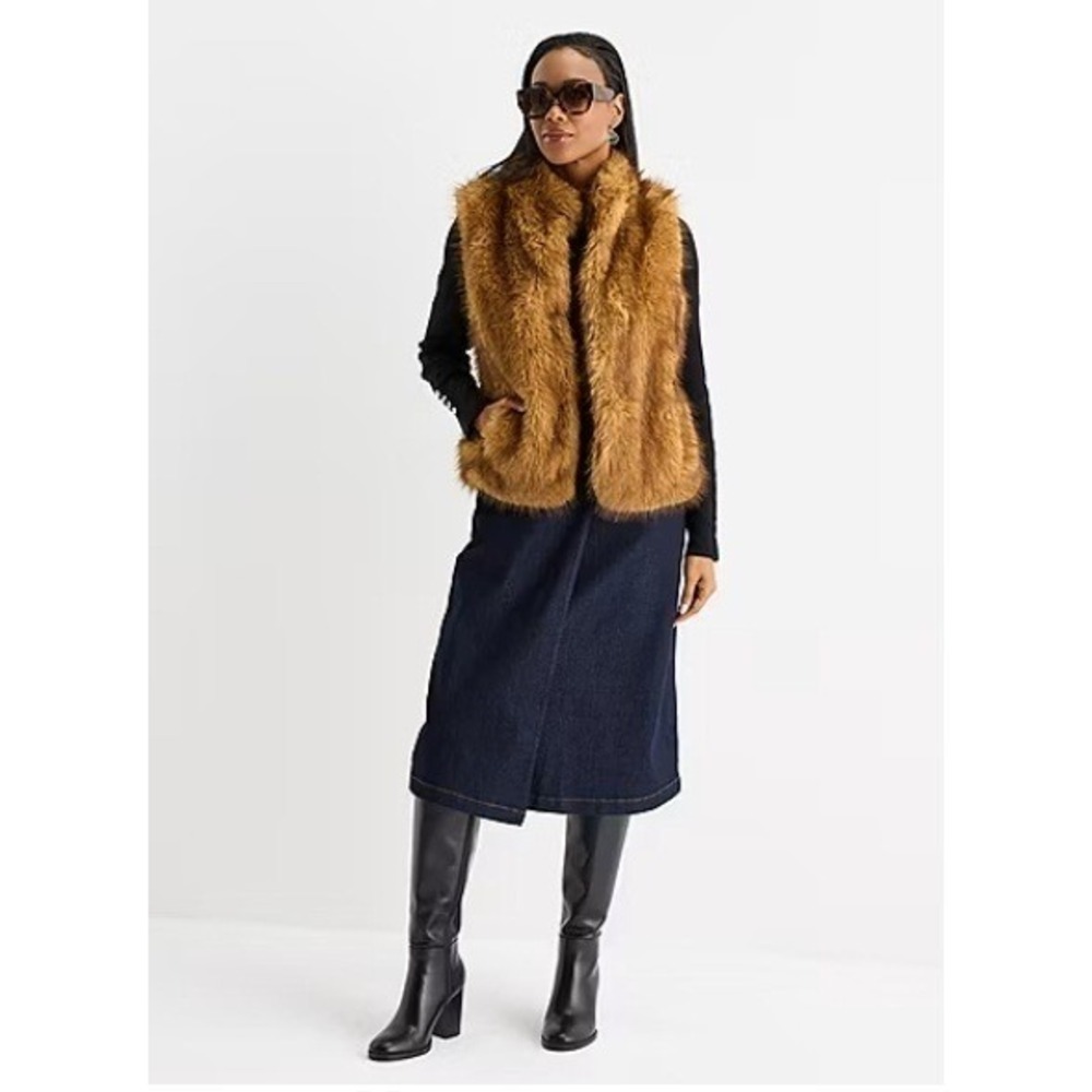 Liz‎ Claiborne Faux Fur Vest Womens L Brown Sleeveless Open Front Winter